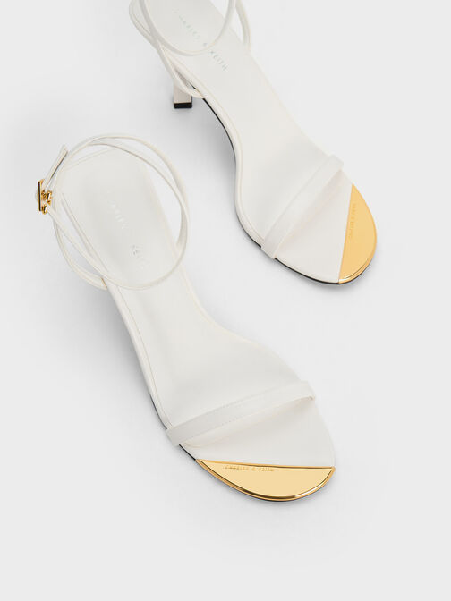 Metallic Cap Ankle-Strap Heeled Sandals, สีขาว, hi-res