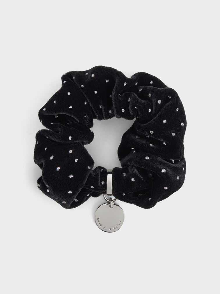 Velvet Dotted Scrunchie, Black Textured, hi-res