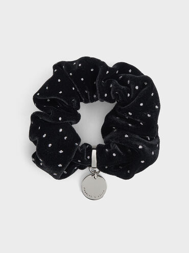 Velvet Dotted Scrunchie, Black Textured, hi-res
