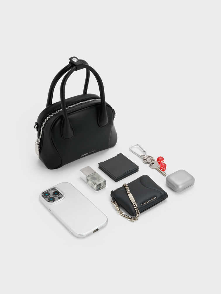 กระเป๋าทรงโบว์ลิ่งรุ่น Nelly, สีดำอะไหล่สีเงิน, hi-res