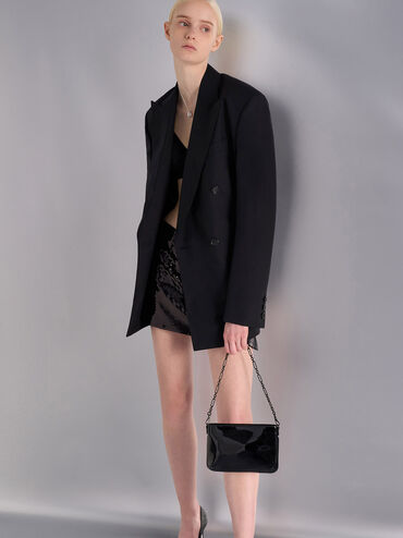 Patent Chain-Handle Shoulder Bag, Jet Black, hi-res