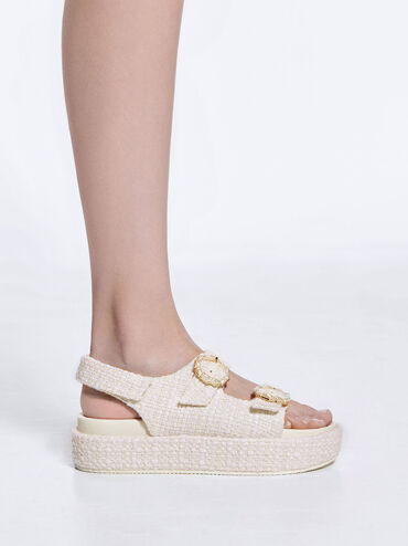 Tweed Pearl-Buckle Double Strap Sandals, สีชอล์ค, hi-res