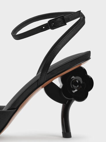 รองเท้าส้นสูงดีเทลส้นรูปดอกไม้ดีไซน์หัวแหลมพร้อมสายรัดข้อเท้า, สีแบล็คเท็กซ์เจอร์, hi-res