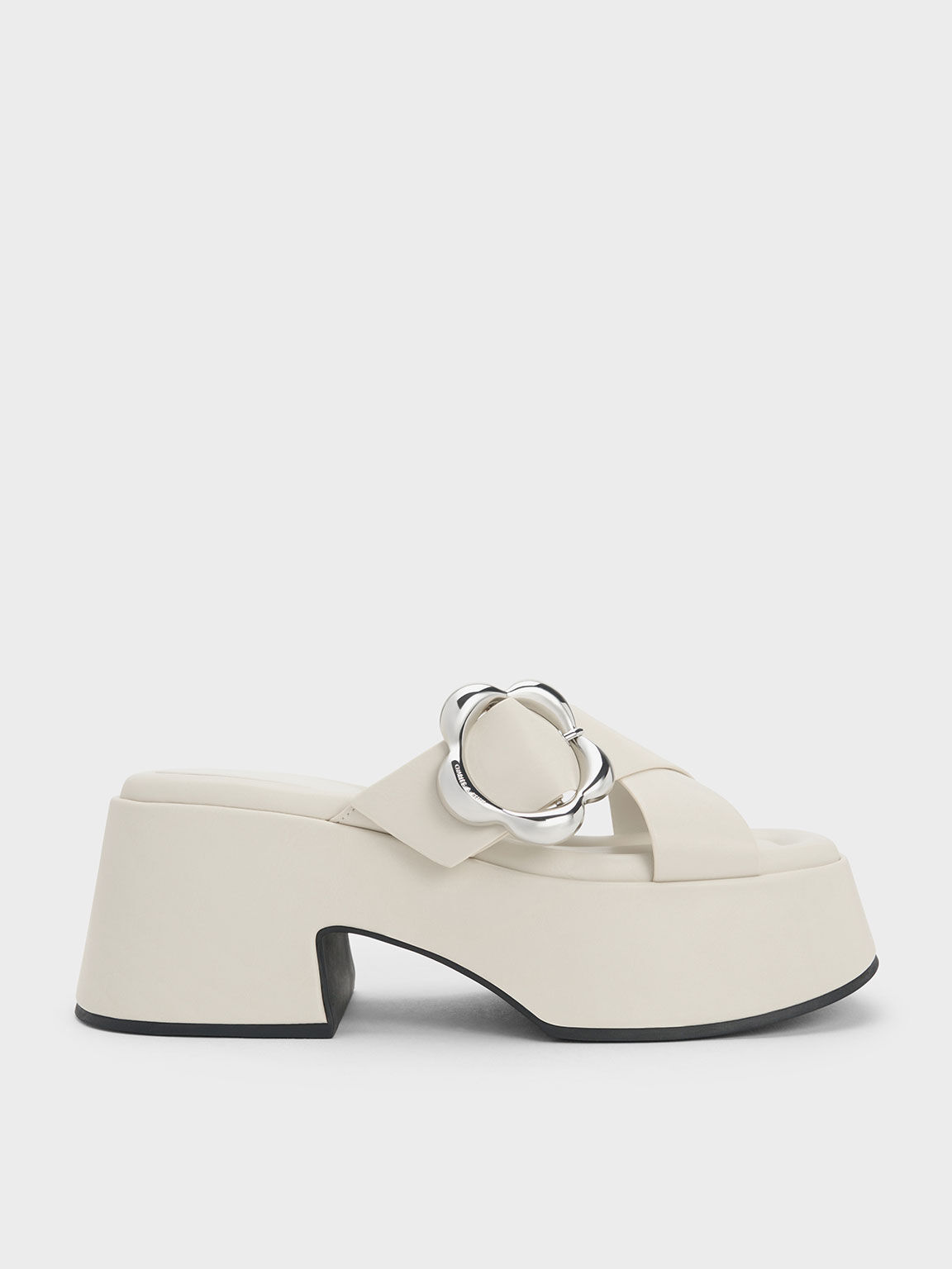 Chalk Flower Buckle Crossover Platform Mules CHARLES KEITH TH