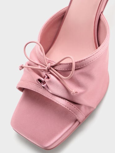 Satin Ruched Bow Heeled Mules, Pink, hi-res