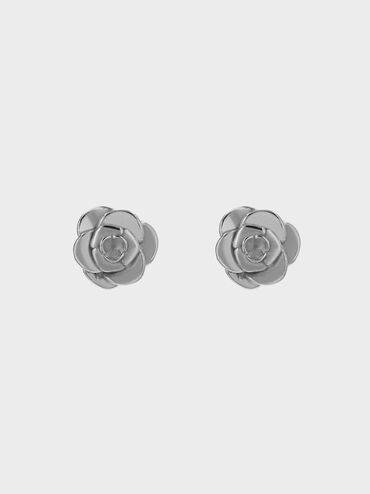 ต่างหูแบบติดลายดอกไม้รุ่น Rosalind, สีบรัชซิลเวอร์, hi-res