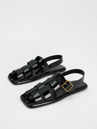 Metallic Buckle Caged Patent Slingback Sandals, , hi-res