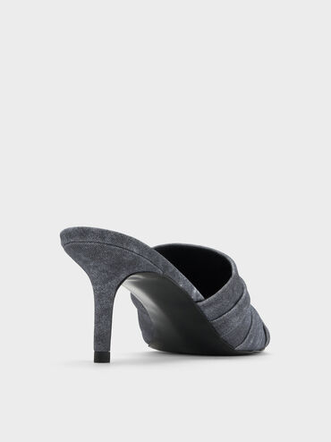 รองเท้าส้นสูงแบบเปิดส้นดีเทลจับจีบวัสดุผ้าทวิลล์, สีดาร์คบลู, hi-res