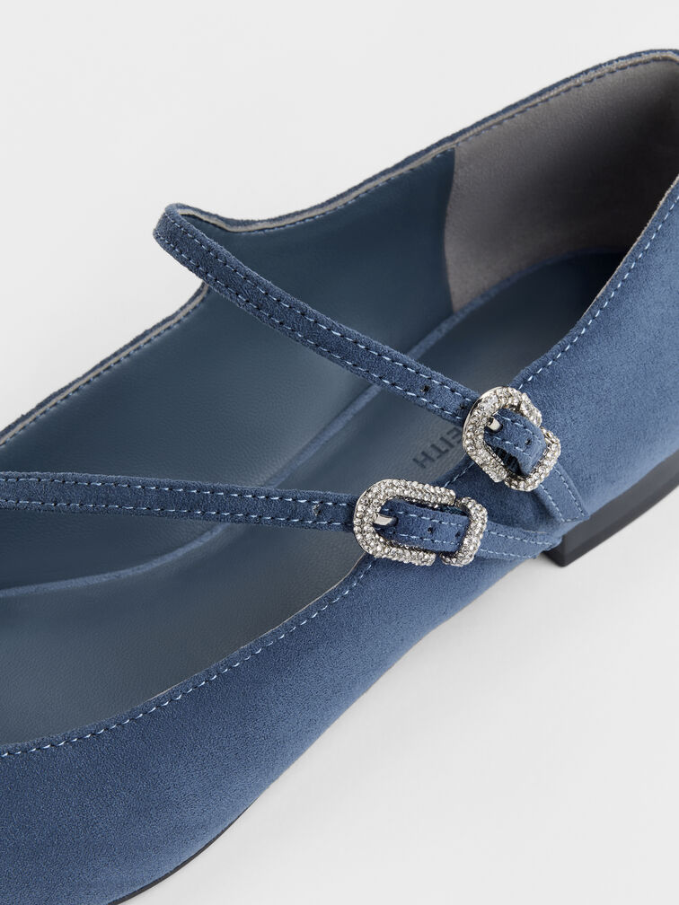 Faux Suede Crystal-Buckle Double-Strap Mary Janes, Blue, hi-res