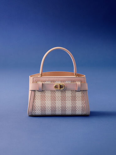 กระเป๋าถือพร้อมหูจับดีไซน์ลายตารางรุ่น Aubrielle, สีชมพูอ่อน, hi-res