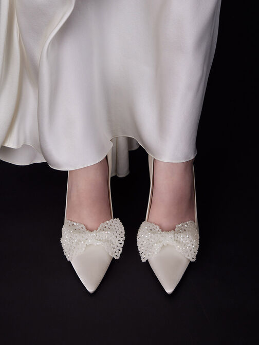 Recycled Polyester Beaded Bow Pumps, White, hi-res