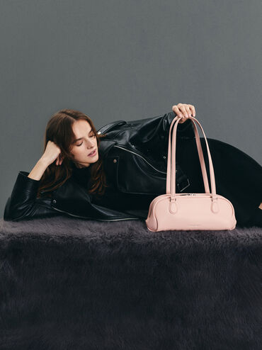 กระเป๋าสะพายไหล่ทรงยาวรุ่น Nelly, สีชมพูอ่อน, hi-res