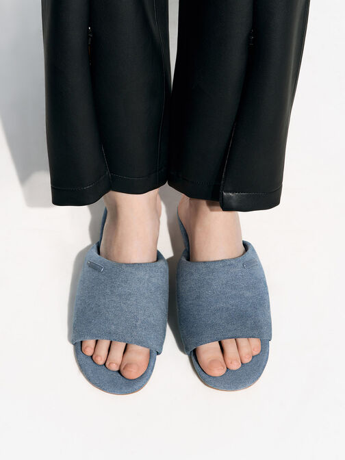 Denim Puffy Wide-Strap Slide Sandals, , hi-res
