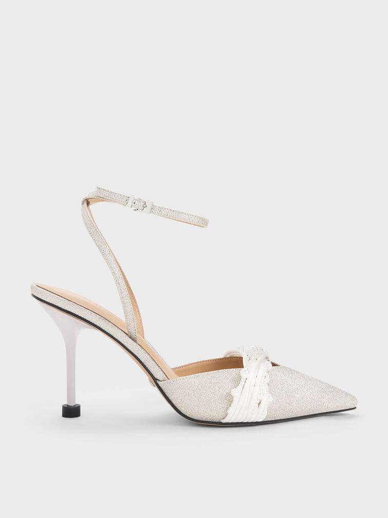Beaded Glittered Ankle-Strap Pumps, สีเงิน, hi-res