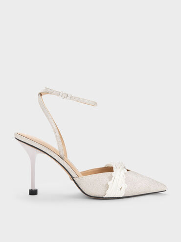 Beaded Glittered Ankle-Strap Pumps, สีเงิน, hi-res