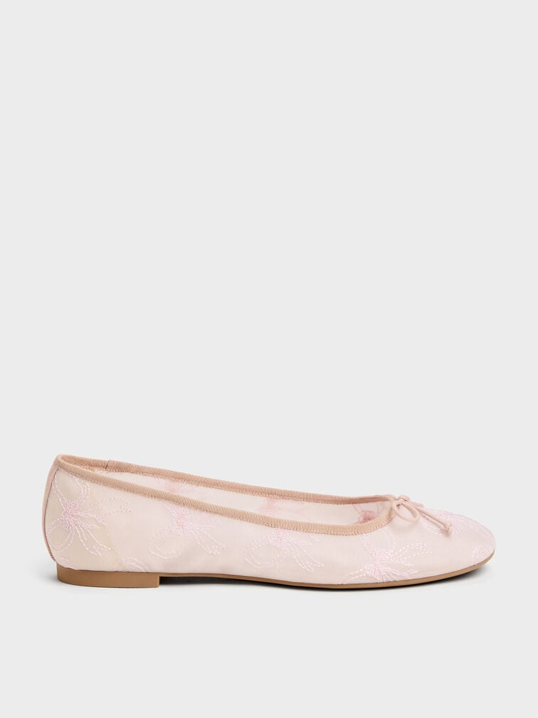 Embroidered-Mesh Bow Ballet Flats, Light Pink, hi-res