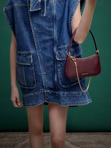 Elspeth Croc-Effect Chain-Link Shoulder Bag, Maroon Red Croco, hi-res