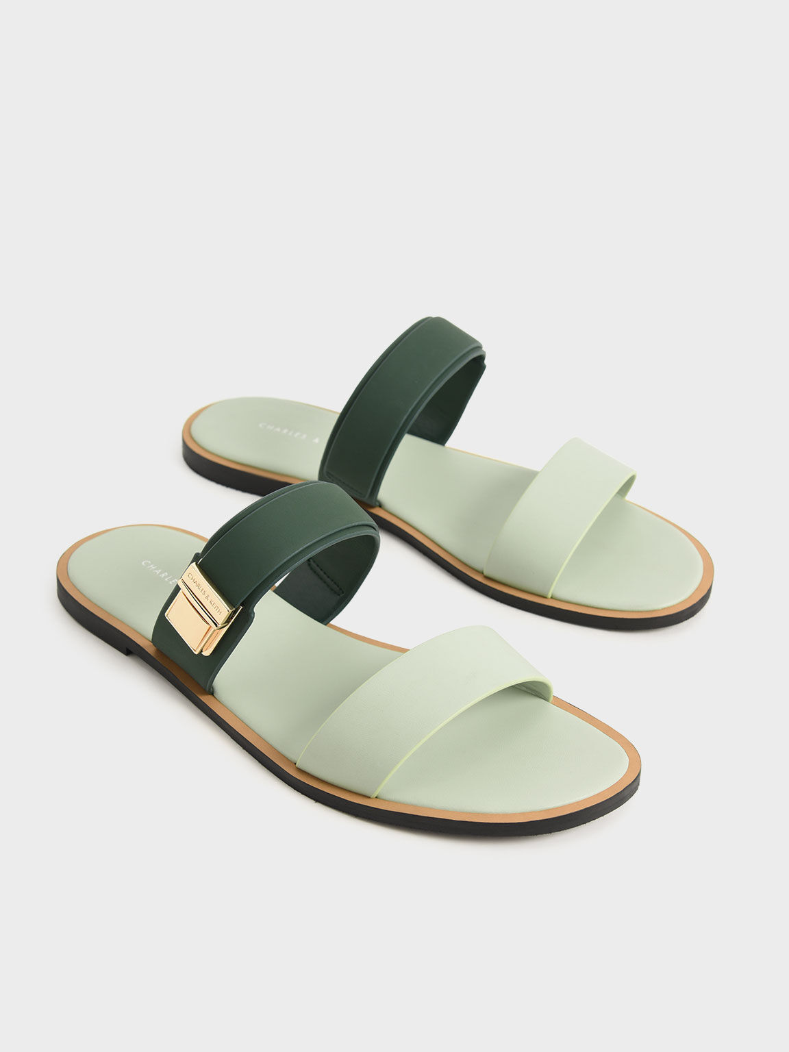 Metallic Buckle Slide Sandals, Green, hi-res