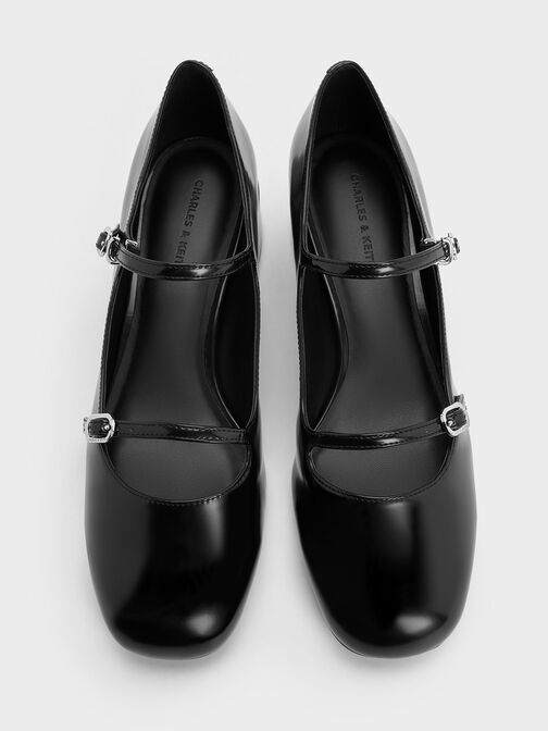 รองเท้าแมรี่เจนเสริมส้นบล็อคดีไซน์สายคาดแบบคู่, หนังเงาสีดำ, hi-res