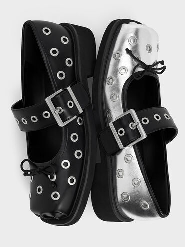 Metallic Grommet Buckled Mary Janes, Silver, hi-res
