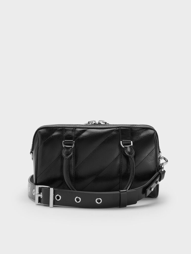 Philomena Panelled Chain-Handle Bowling Bag, Noir Philomena Panelled Chain-Handle Bowling Bag, Noir, hi-res