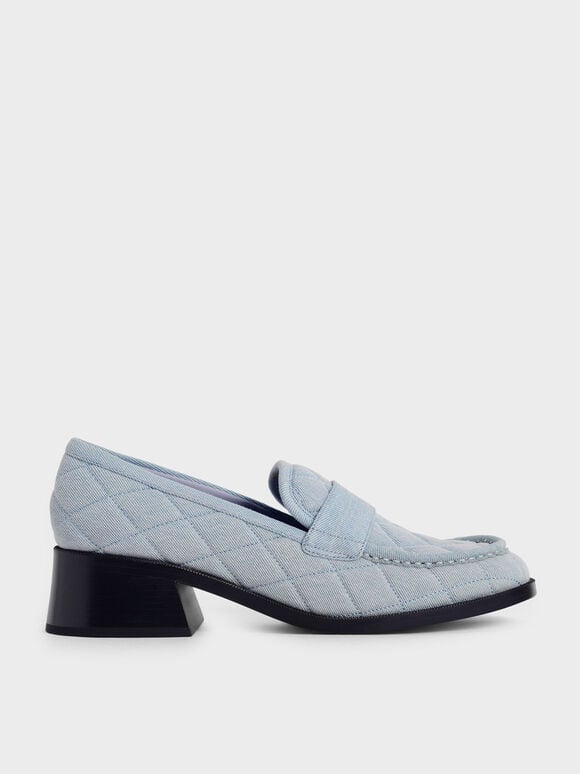 Denim Quilted Block Heel Penny Loafers, Light Blue, hi-res