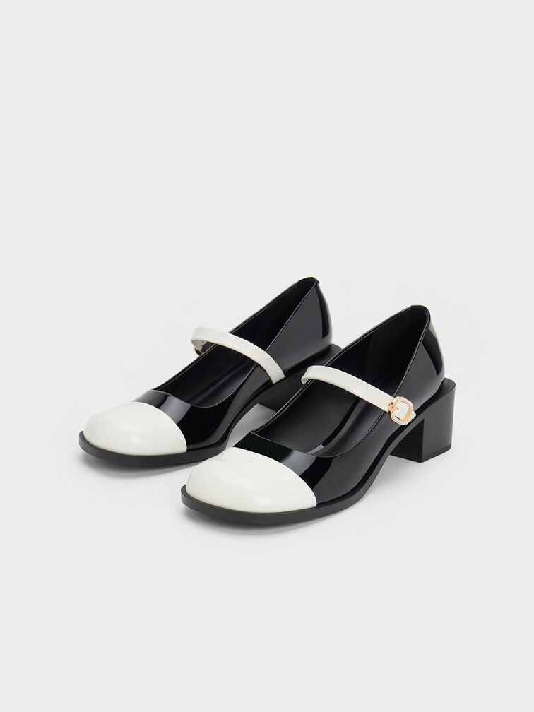 Patent Crystal-Embellished Buckle Two-Tone Mary Janes, หนังแก้วสีดำ, hi-res