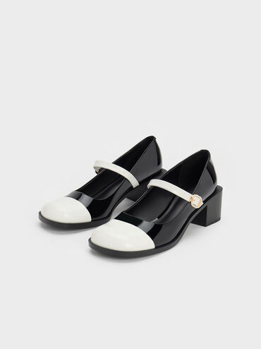 Patent Crystal-Embellished Buckle Two-Tone Mary Janes, หนังแก้วสีดำ, hi-res