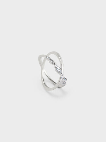 แหวนดีไซน์แบบไขว้ประดับด้วยคริสตัลรุ่น Reverie, สีเงิน, hi-res