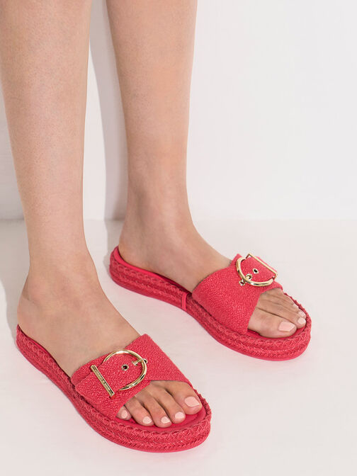 Linen Buckled Espadrille Flat Sandals, สีฟูเชีย, hi-res