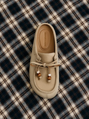 Gale Faux Suede Beaded-Lace Mules, Beige, hi-res