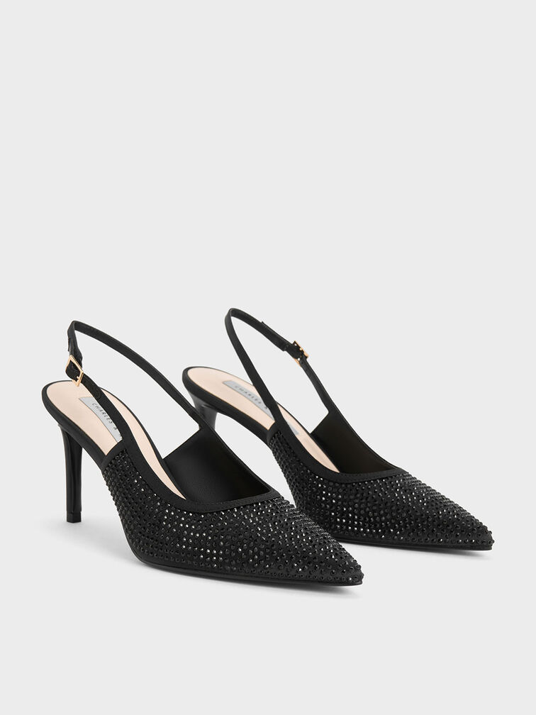 Satin Crystal-Embellished Slingback Pumps, Black Textured, hi-res