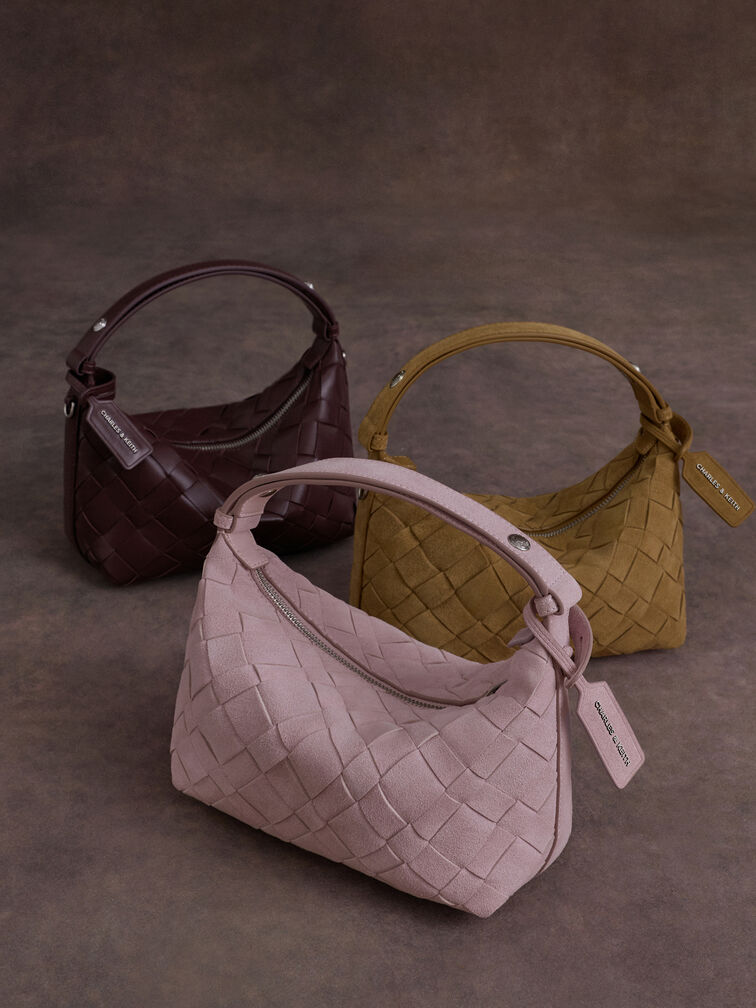 กระเป๋าสะพายไหล่ดีไซน์แบบสานรุ่น Ivette, สีไวน์เบอร์รี่เรด, hi-res