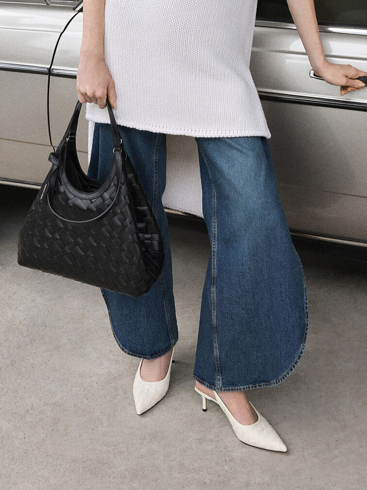 Woven Pointed-Toe Slingback Pumps, Chalk, hi-res