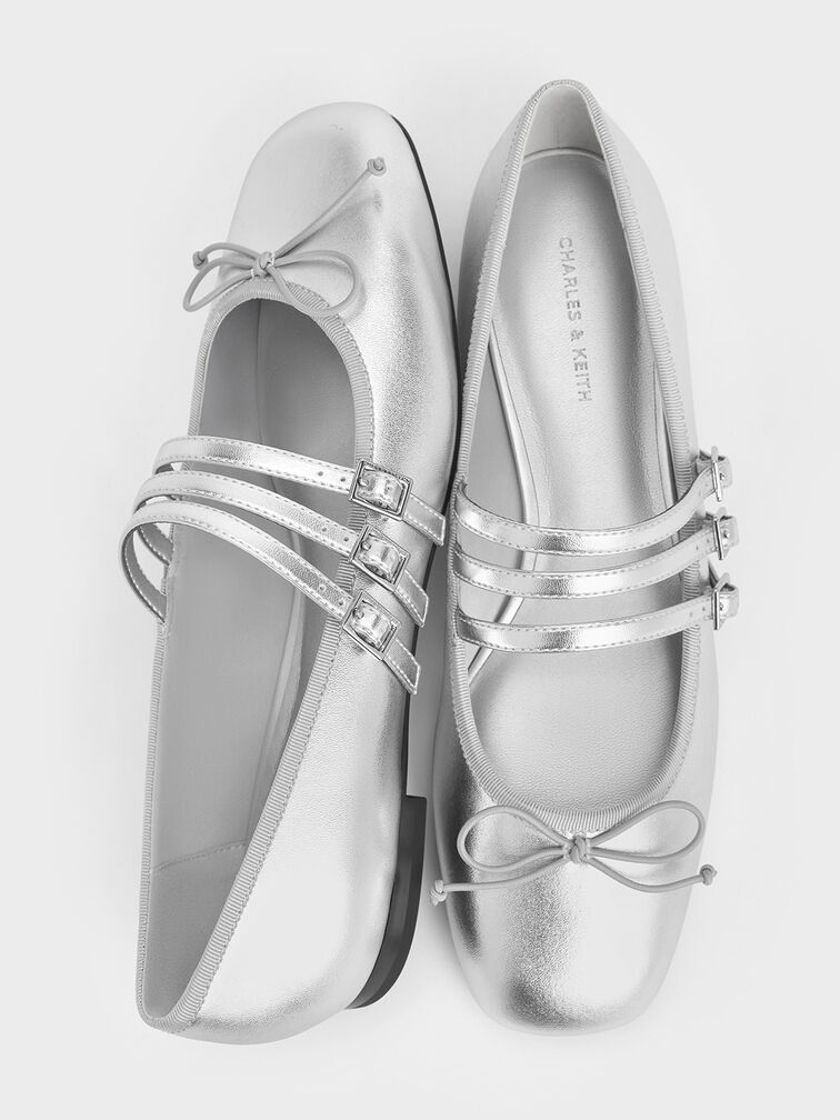 Metallic Triple-Strap Mary Janes, Silver, hi-res