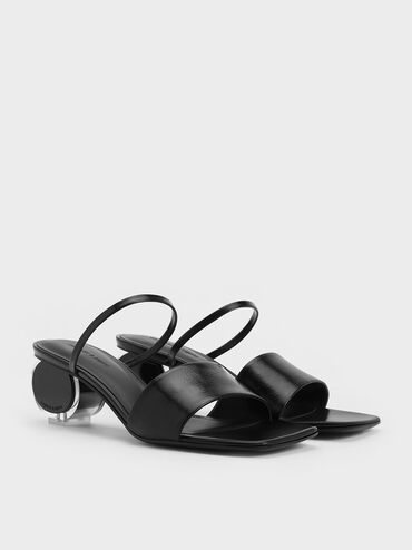 Crinkle-Effect Sculptural-Heel Mules, Black, hi-res