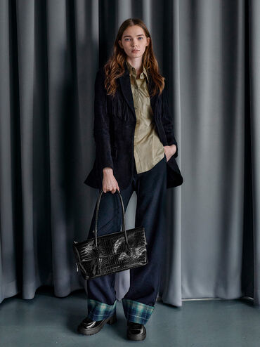 Aveline Croc-Effect Front-Flap Shoulder Bag, Black Croco, hi-res