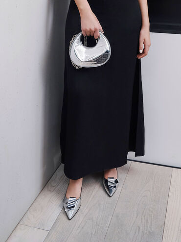 Metallic Sculptural Knot Pointed-Toe Flats, สีเงิน, hi-res