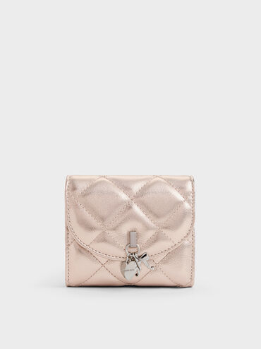 Arrietty Metallic Quilted Curved-Flap Wallet, Rose Gold, hi-res