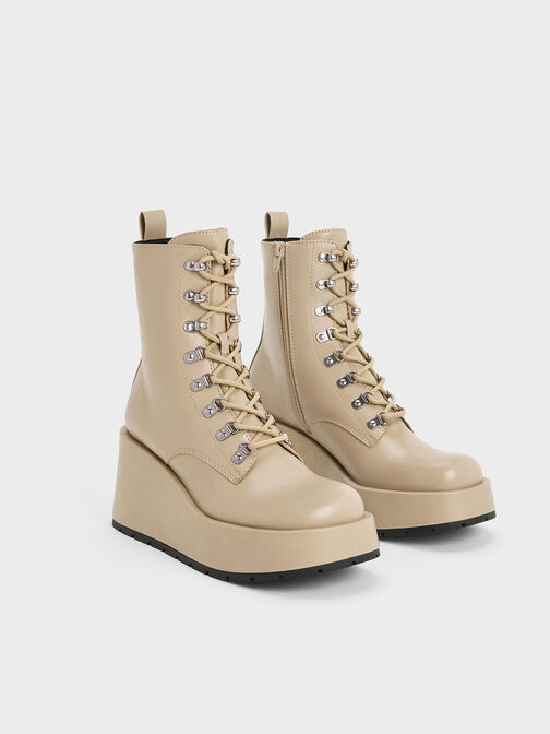 Lace-Up Platform Wedge Ankle Boots, สีโทป, hi-res