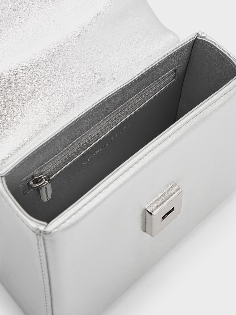 Metallic Crystal-Buckle Belted Top Handle Bag, Silver, hi-res