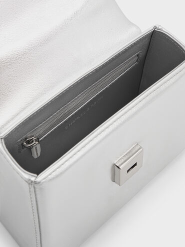 Metallic Crystal-Buckle Belted Top Handle Bag, Silver, hi-res