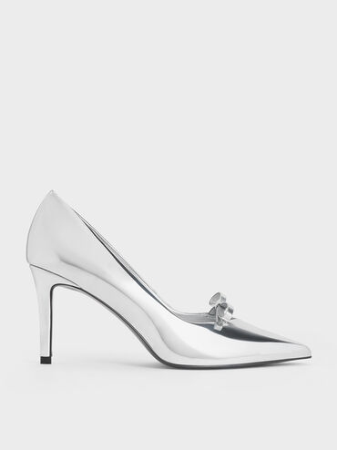 Metallic Bow Pointed-Toe Stiletto-Heel Pumps, Silver, hi-res
