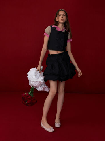 Embroidered-Mesh Bow Ballet Flats, Light Pink, hi-res