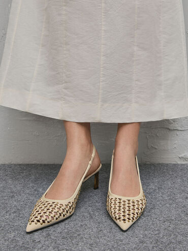 Studded Cut-Out Kitten-Heel Slingback Pumps, Cream, hi-res