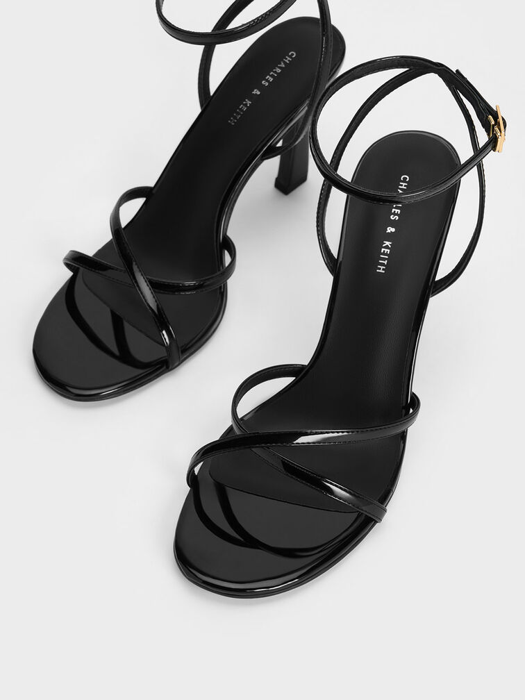 Patent Crossover-Strap Heeled Sandals, Black Patent, hi-res