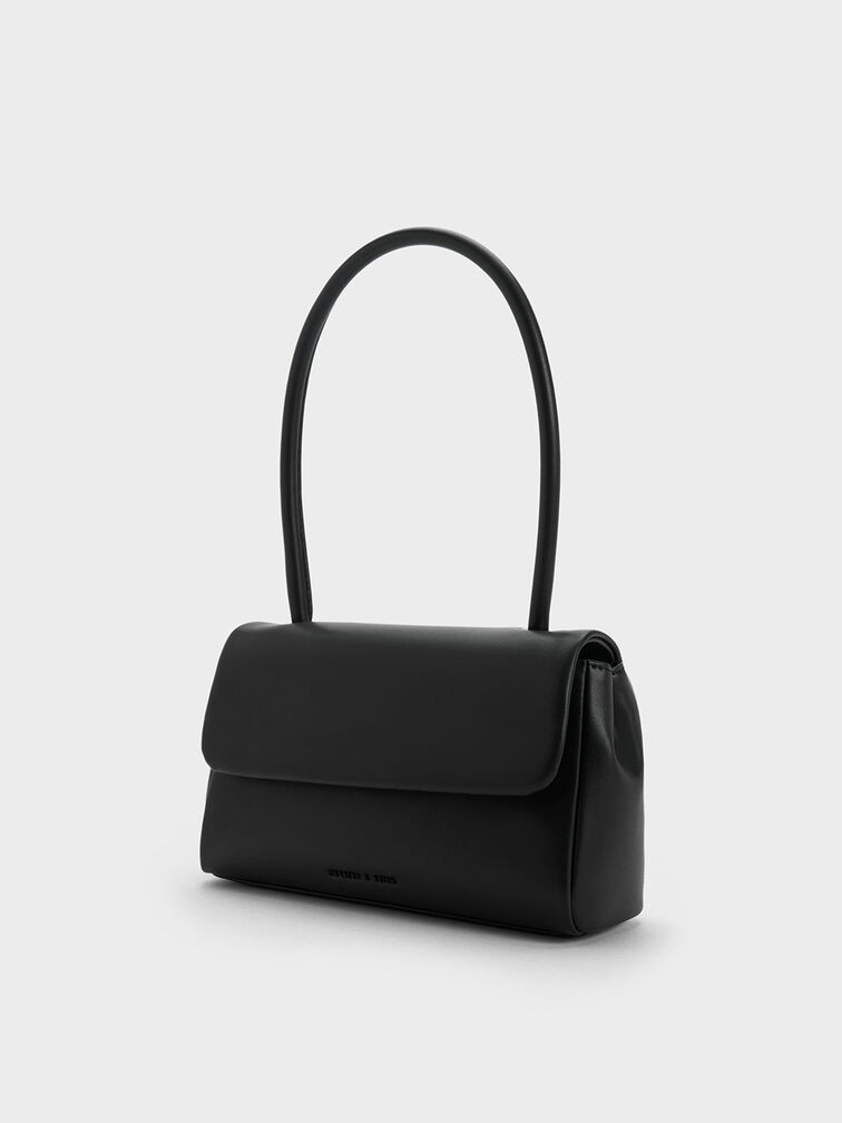 Curved Handle Shoulder Bag, สีดำ, hi-res