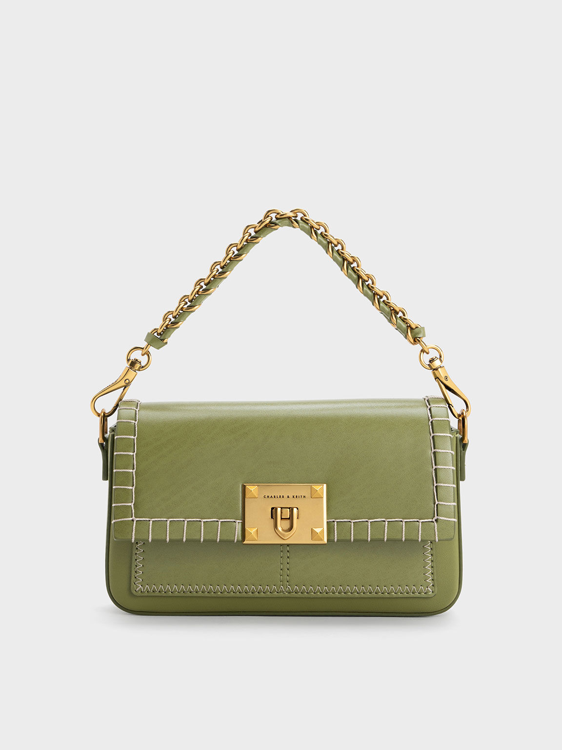 Olive Circe Stitch Trim Top Handle Bag CHARLES KEITH TH