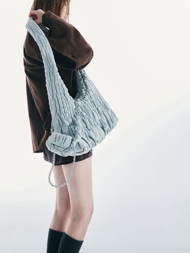 ชาร์มกระเป๋าใบจิ๋วผ้าไนลอนดีเทลย่นรุ่น Klio, สีซีซอลต์บลู, hi-res