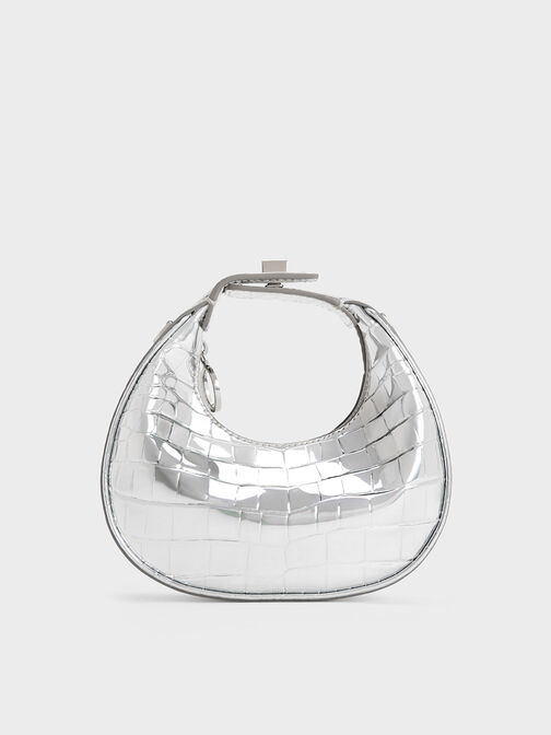 Mini Croc-Effect Metallic Moon Bag, , hi-res